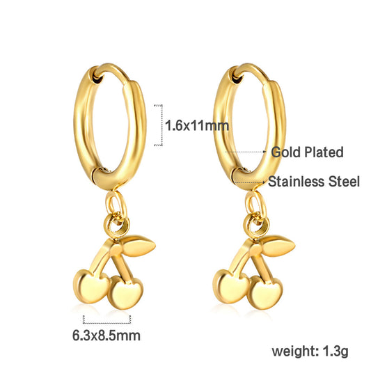 Gold-Plated Stainless Steel Cherry Hoop Earrings with Epoxy