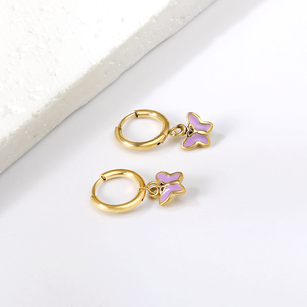 Gold-Plated Stainless Steel Butterfly Hoop Earrings with Epoxy