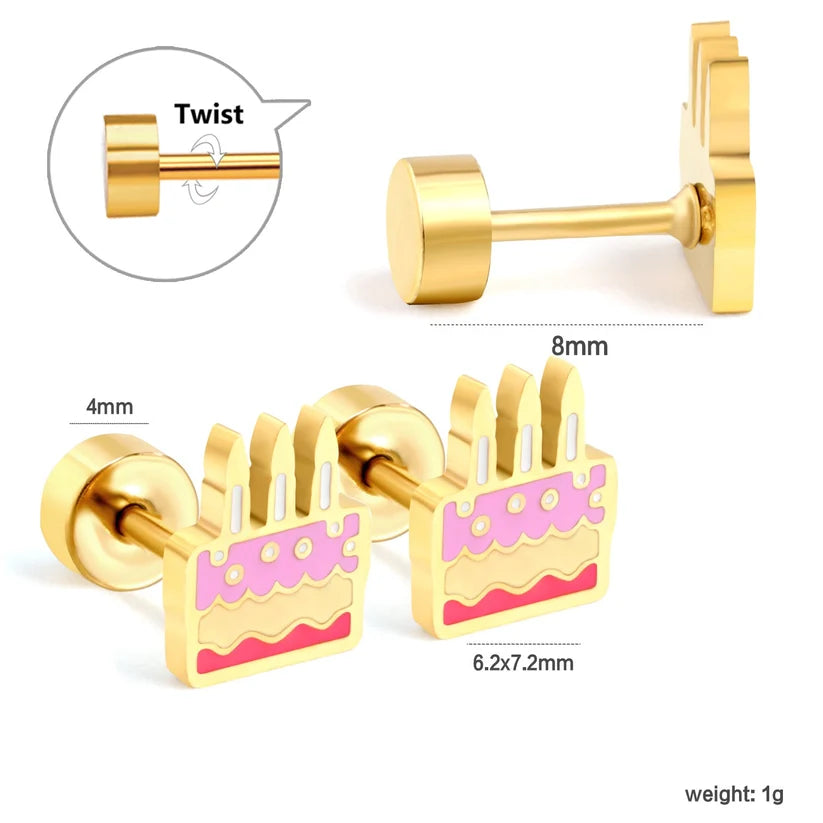 Gold-Plated Stainless Steel Cake Stud Earrings (Twist Back)