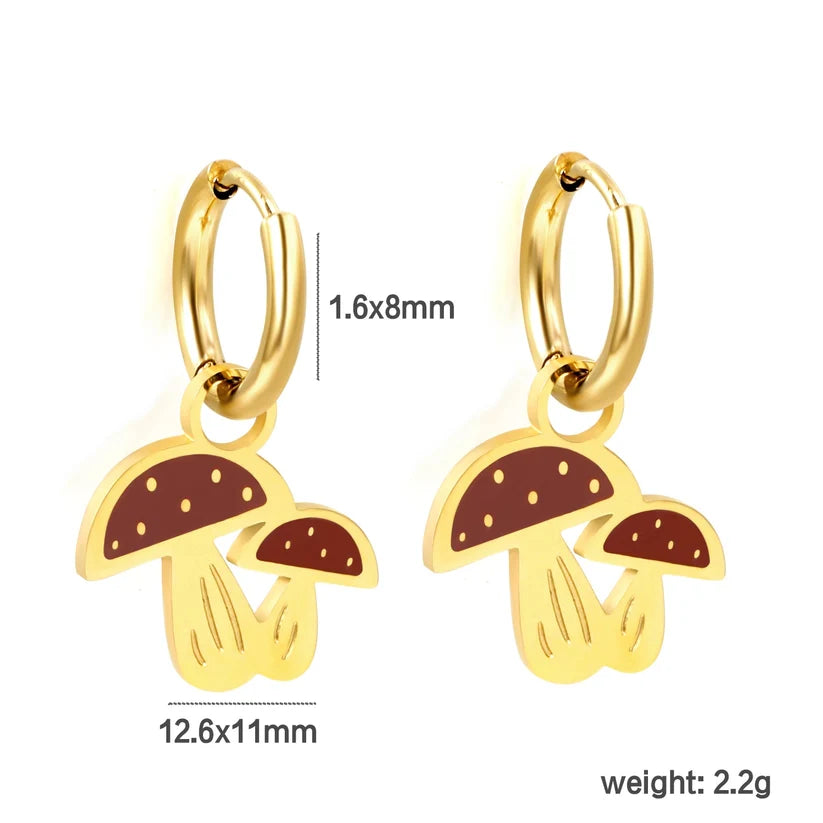 Gold-Plated Stainless Steel Hoop Mushroom Earrings