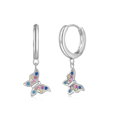 925 Sterling Silver Hoop with Hanging Butterfly and Crystal Earrings