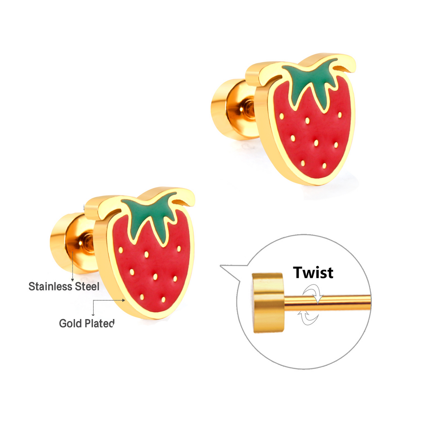 Gold-Plated Stainless Steel Strawberry Stud Earrings with Epoxy