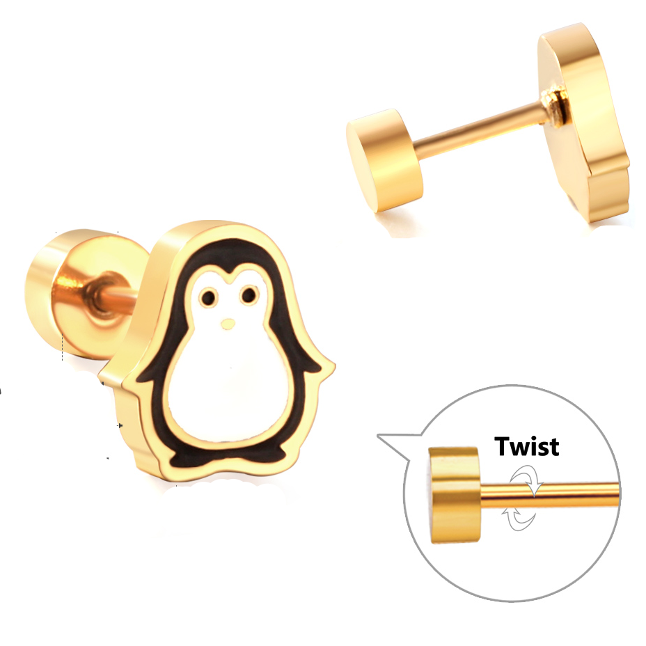 Gold-Plated Stainless Steel penguin Stud Earrings with Epoxy (Twist Back)