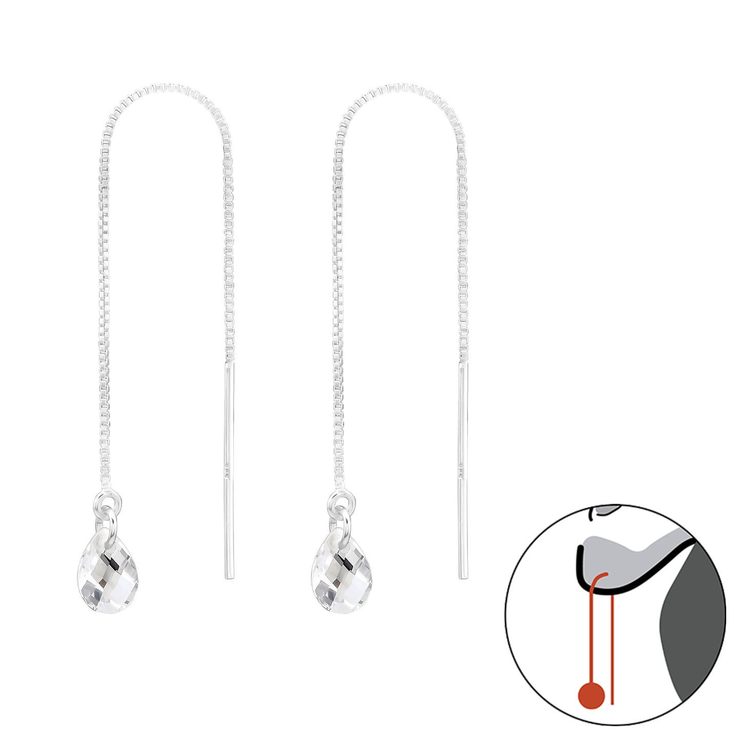 Adult 925 Sterling Silver Thread Through Tear Drop Cubic Zirconia Earring