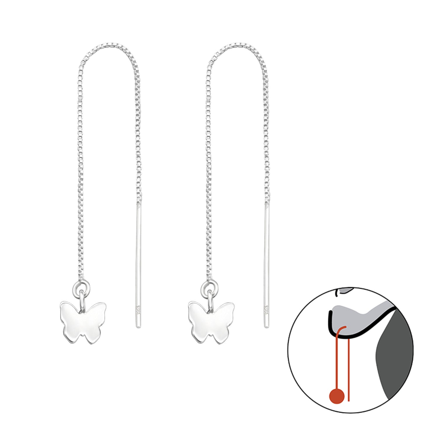 Adult 925 Sterling Silver Thread Through Butterfly Earring