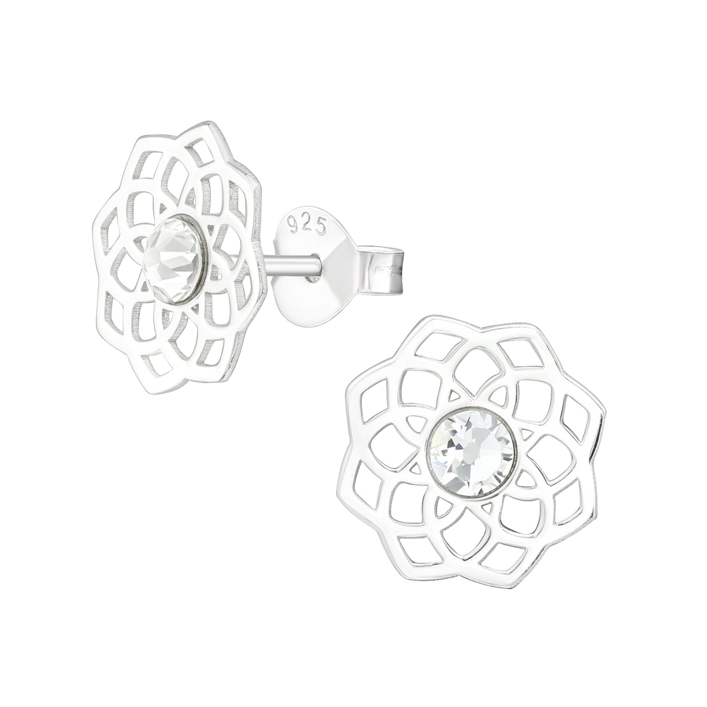 Adult 925 Sterling Silver Laser Cut Flower Filigree Earrings with Crystals