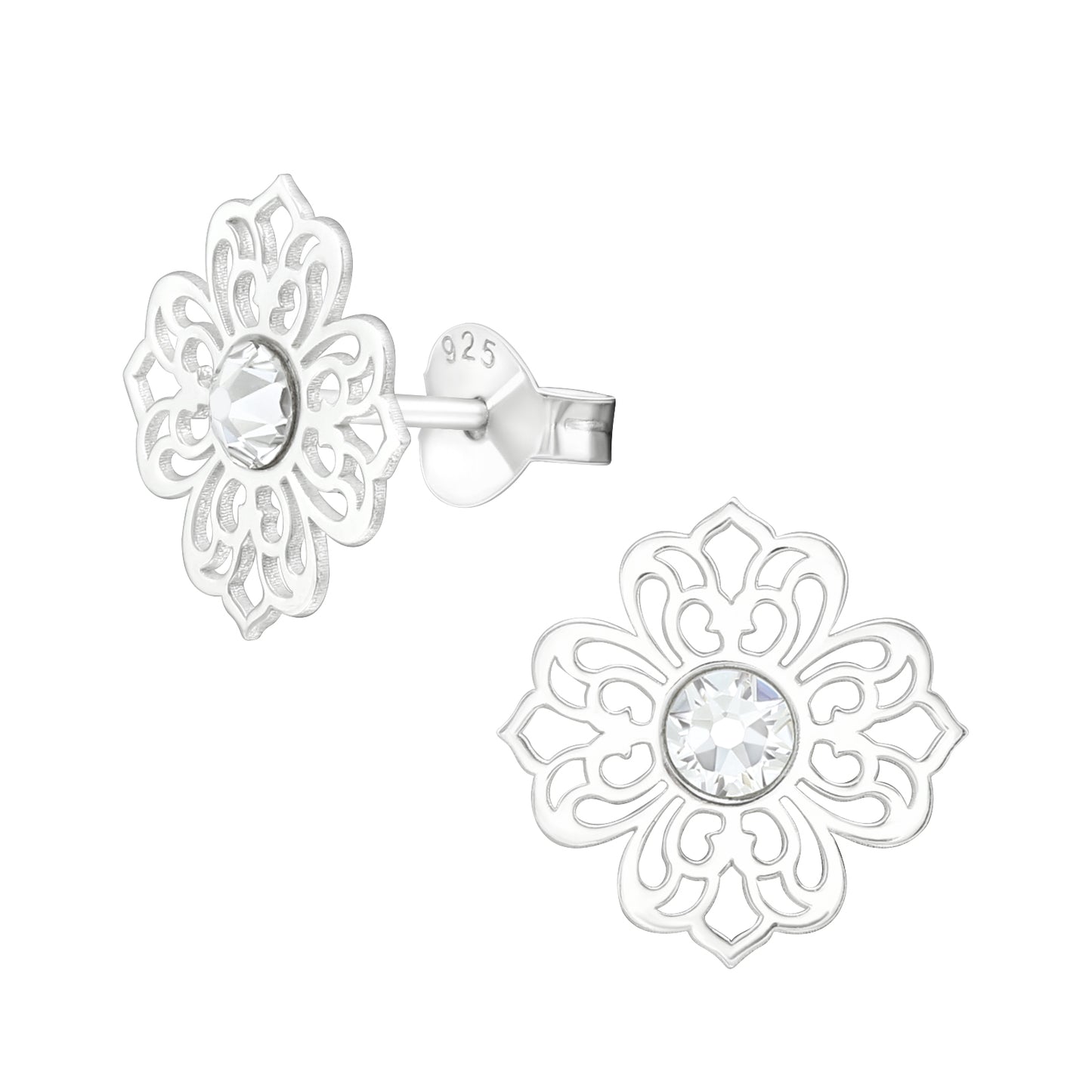 Adult 925 Sterling Silver Laser Cut Flower Filigree Earrings with Genuine European Crystals