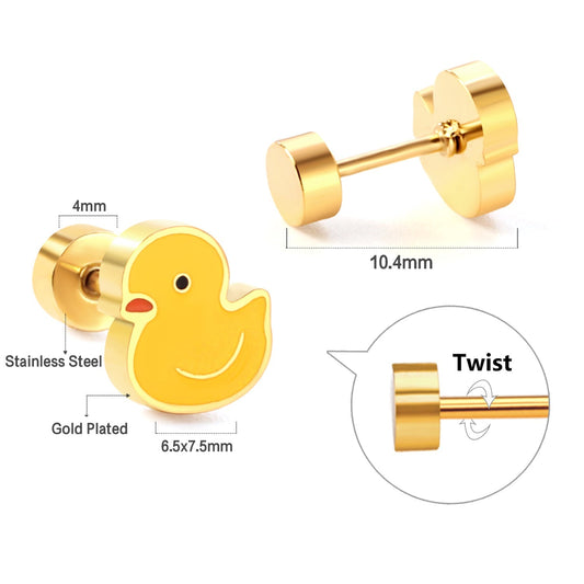 Gold-Plated Stainless Steel Little Yellow Duck Stud Earrings with Epoxy