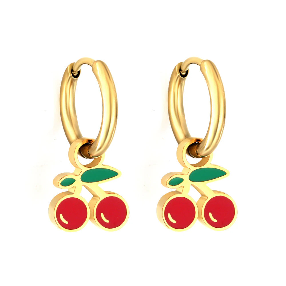 Gold-Plated Stainless Steel Cherry Hoop Earrings with Epoxy