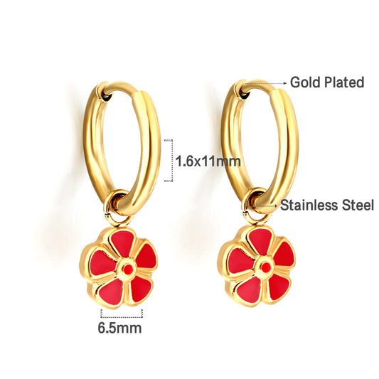 Gold-Plated Stainless Steel Red Peach Blossom Hoop Earrings with Epoxy