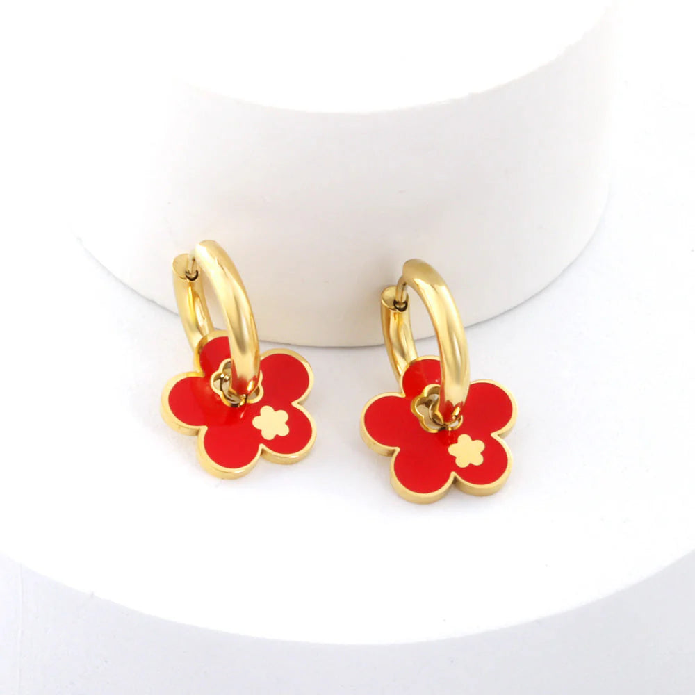 Gold-Plated Stainless Steel Blossom Hoop Earrings with Epoxy