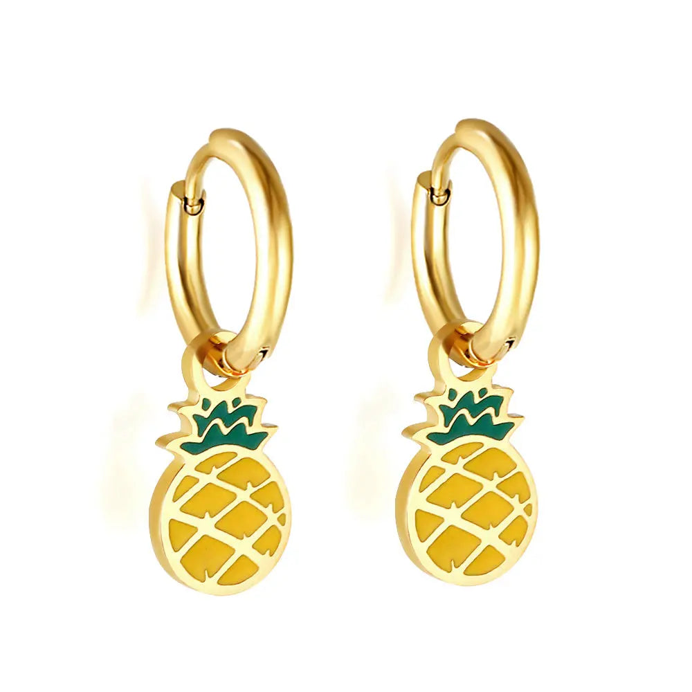 Gold-Plated Stainless Steel Pineapple Hoop Earrings with Epoxy