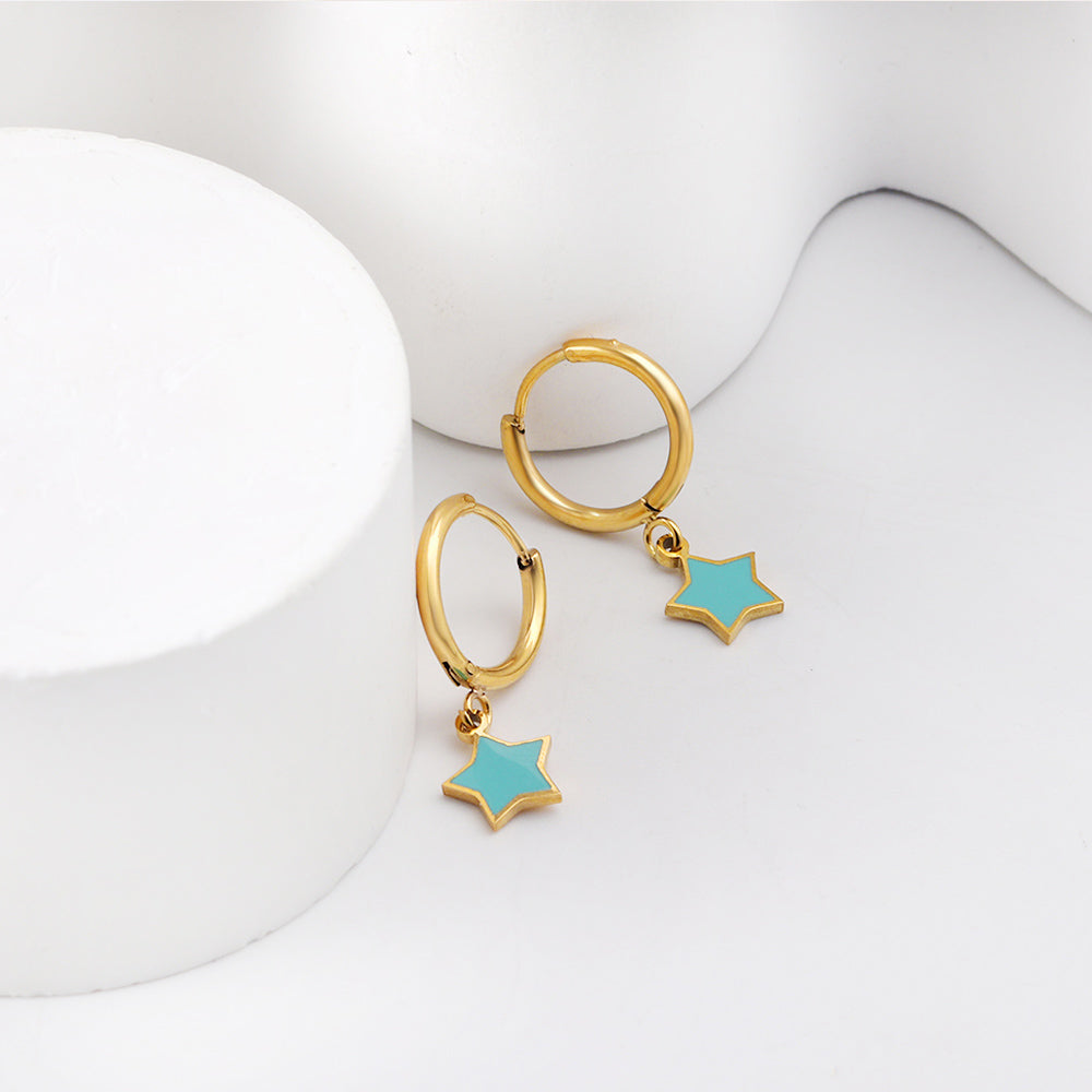 Gold-Plated Stainless Steel Star Hoop Earrings with Epoxy
