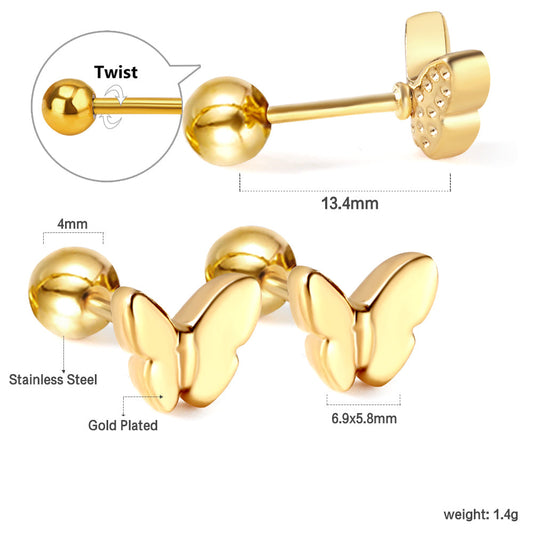 Gold-Plated Stainless Steel butterfly Stud Earrings - Ball screw Back
