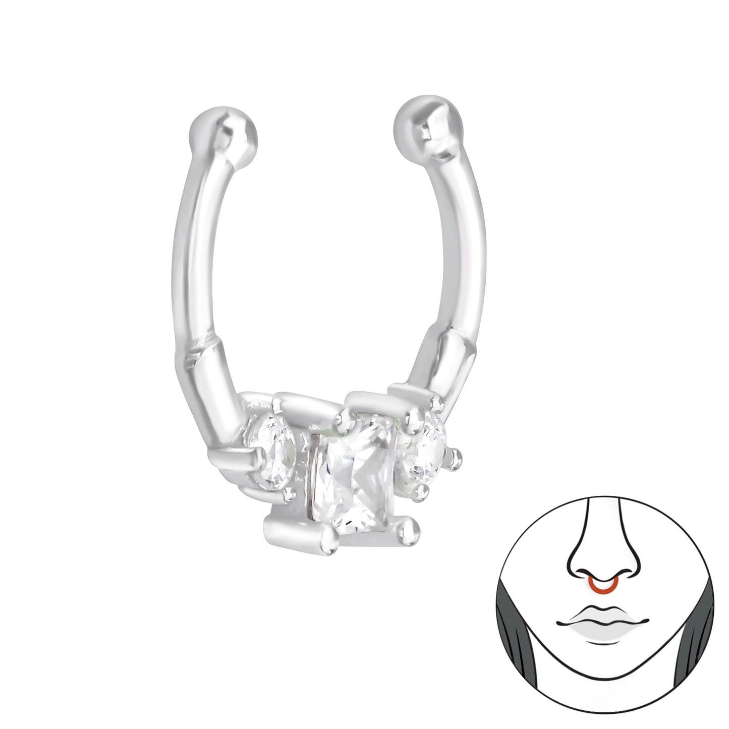 925 Sterling Silver Geometric Nose Clip with Cubic Zirconia