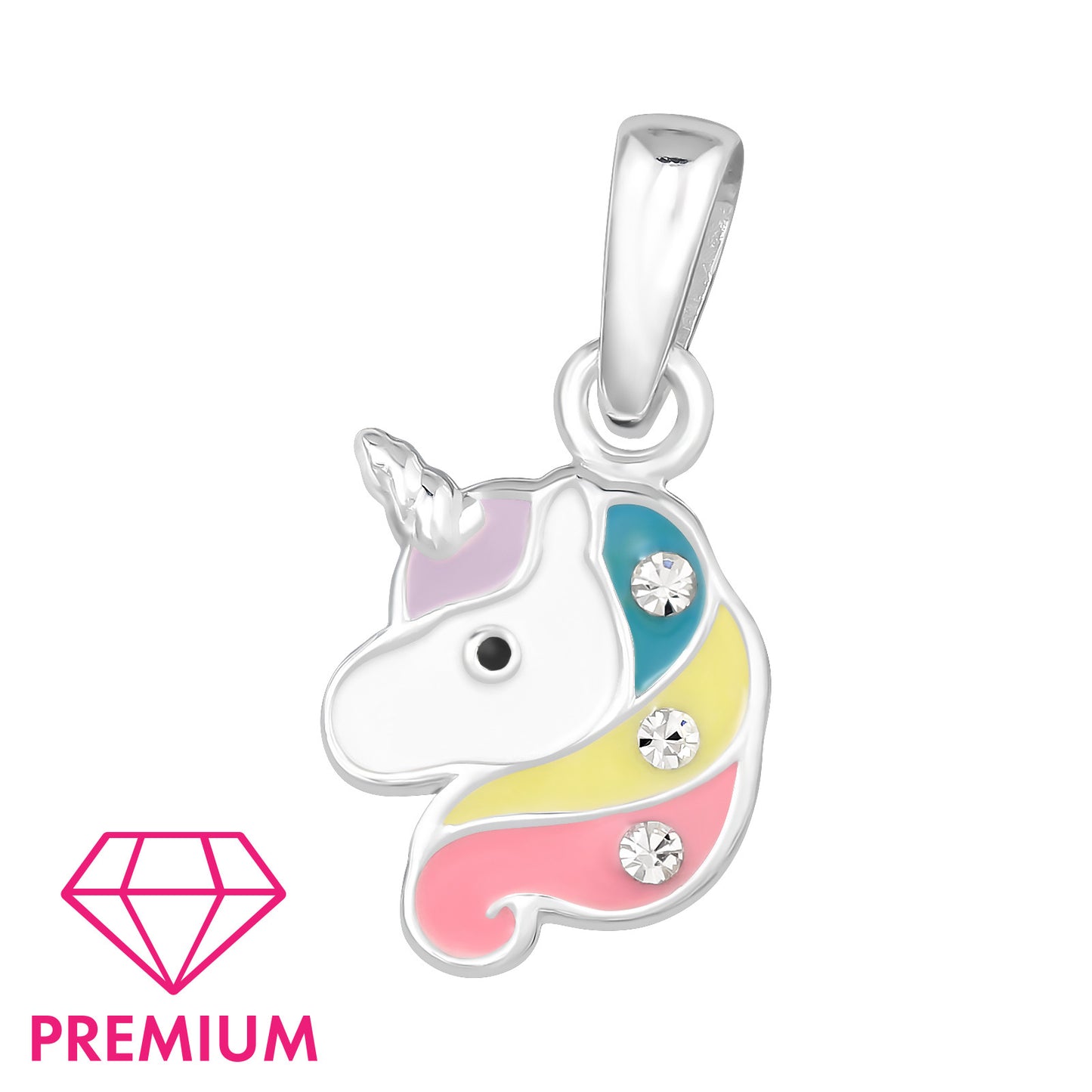 925 Sterling Silver Unicorn Head Kids Pendant with Crystal and Epoxy