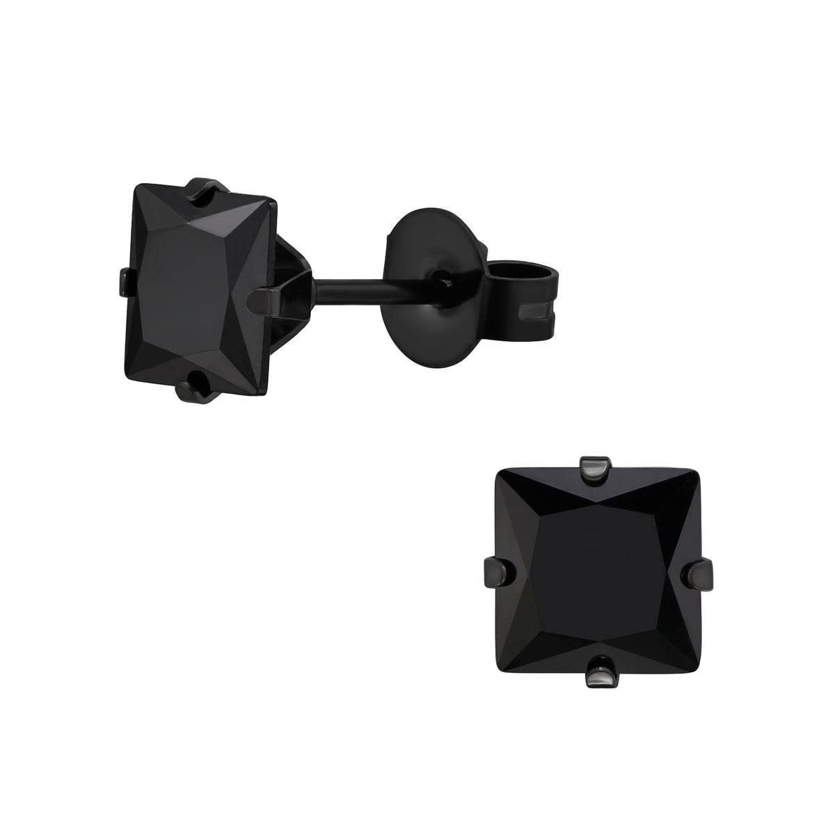 Black Surgical Steel Square 6mm Ear Studs with Cubic Zirconia