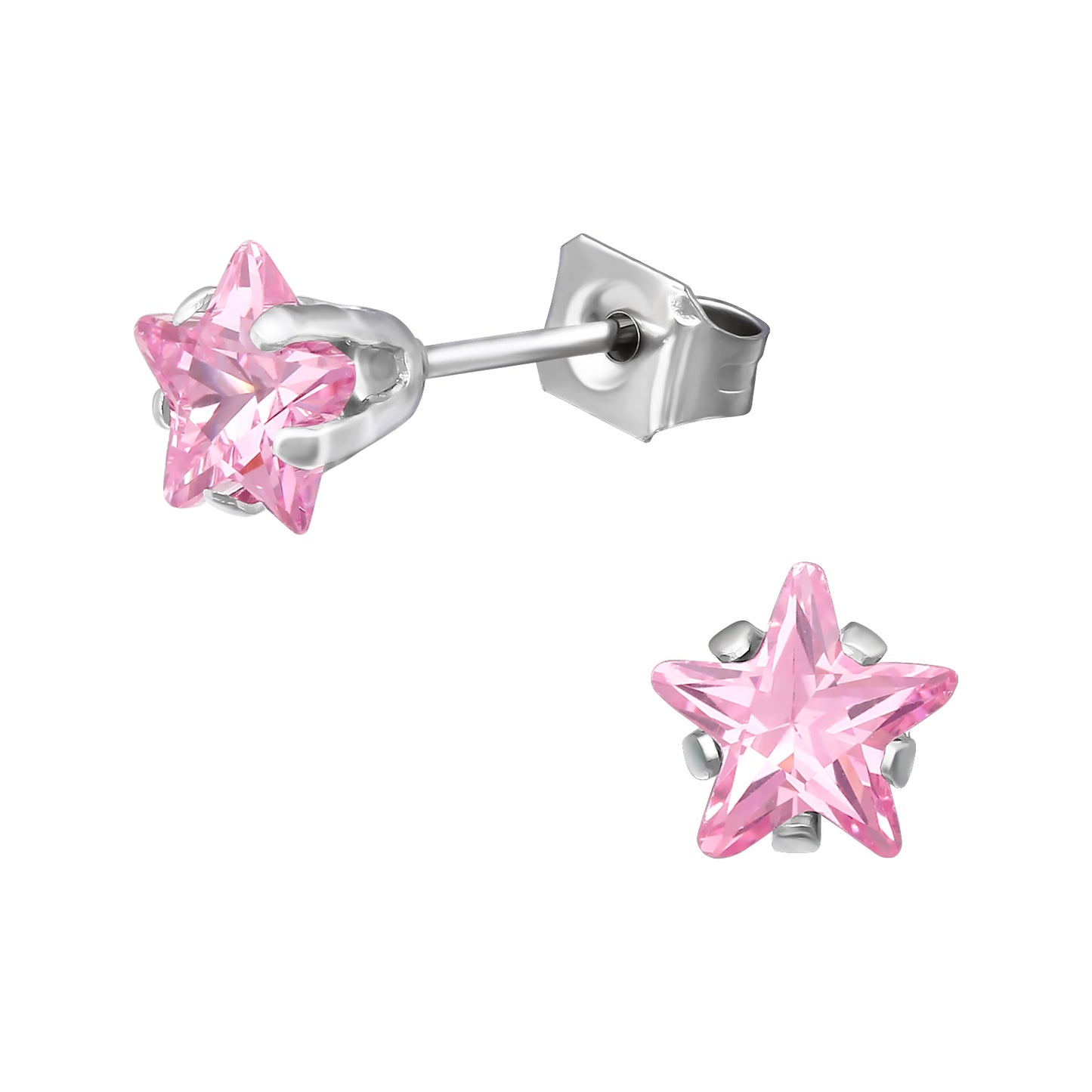 High Polish Surgical Steel Star 6mm Ear Studs with Cubic Zirconia