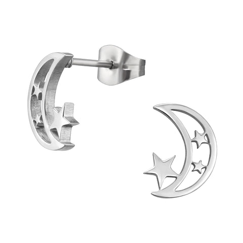 High Polish Surgical Steel Crescent Moon and Star Ear Studs