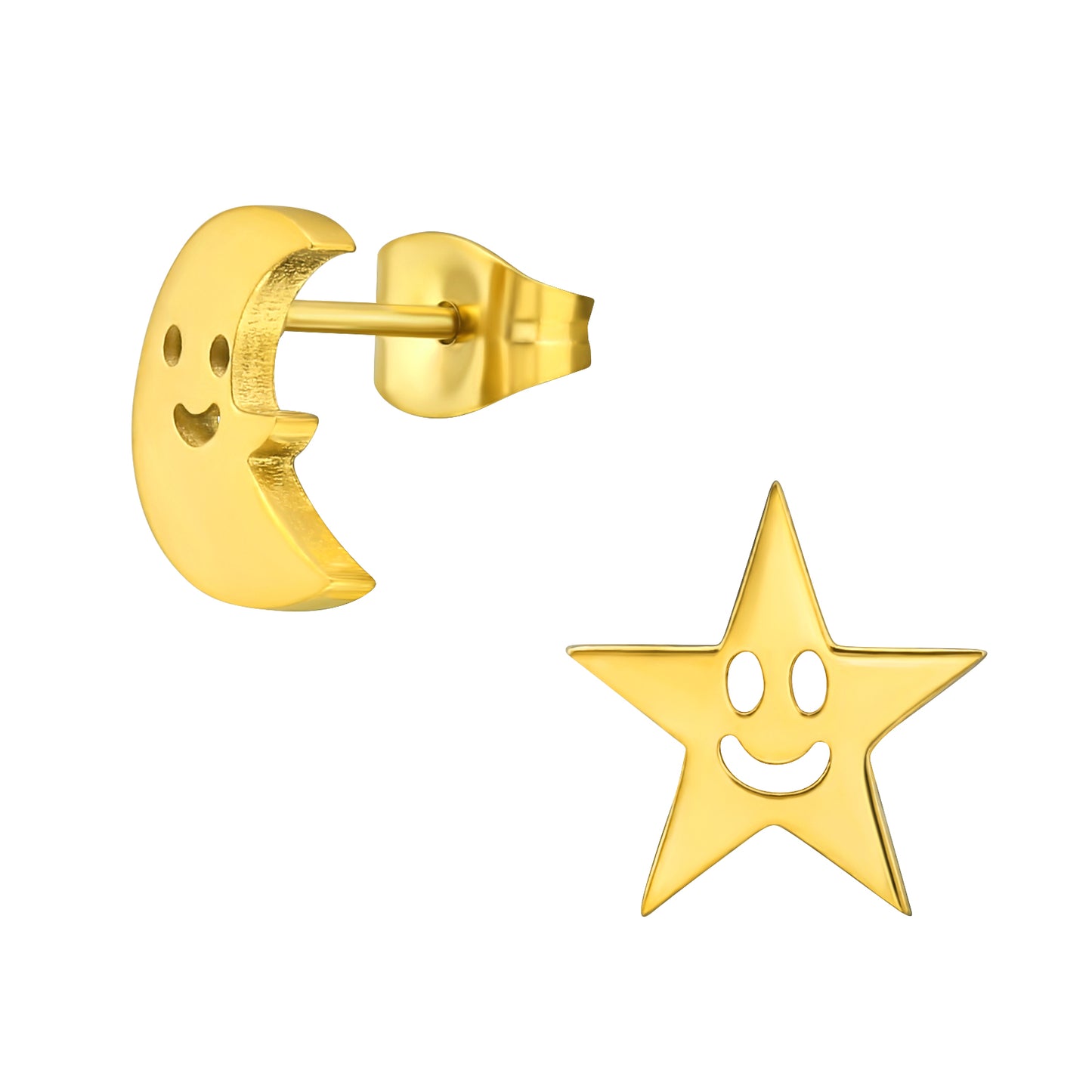 Gold Plated Surgical Steel Crescent Moon and Star Ear Studs