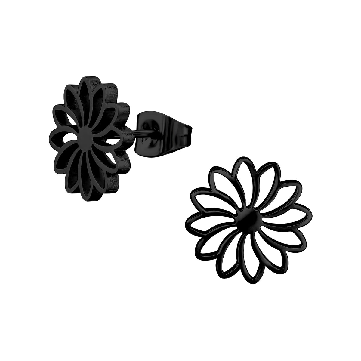 Adult Black Surgical Steel Flower Ear Studs