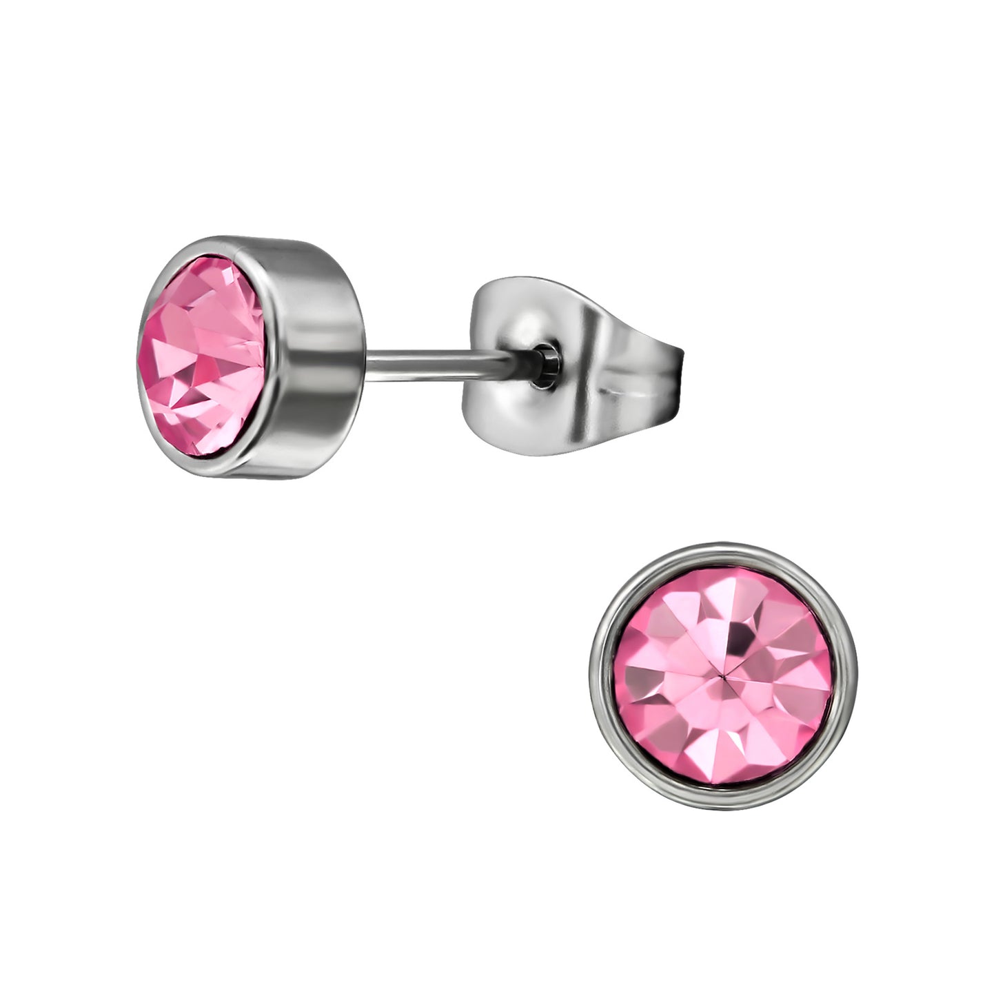 Round Stainless Steel Ear Studs with Rose Crystal