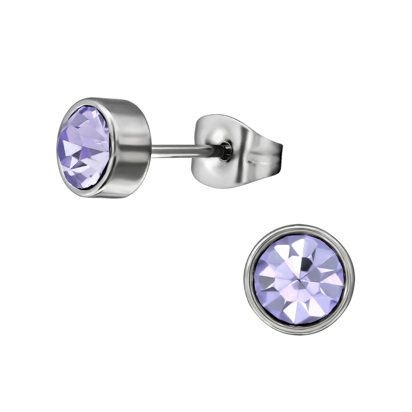 Round Stainless Steel Ear Studs with Purple Crystal