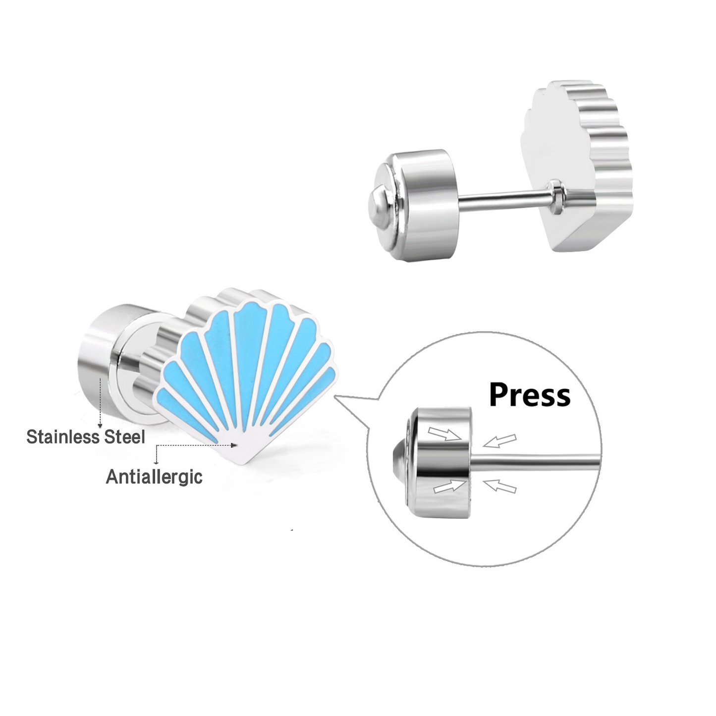 Stainless Steel Seashell Stud Earrings with Epoxy- Press Back