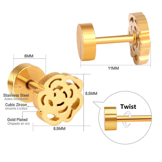 Gold-Plated Stainless Steel Flower Stud Earrings (Twist Back)