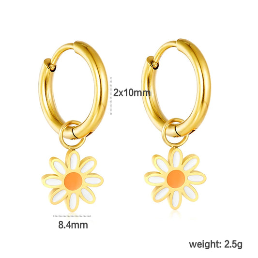 Gold-Plated Stainless Steel Daisy Hoop Earrings with Epoxy