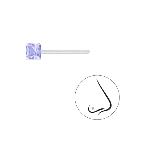 925 Sterling Silver Square Cubic Zirconia Nose Stud - 3mm