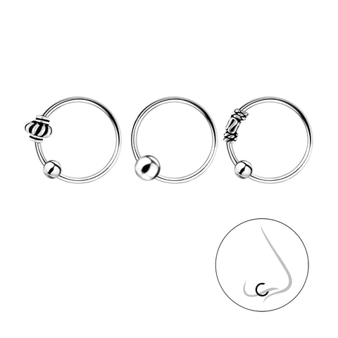 925 Sterling Silver Nose-Ear Ball Closure Ring Set - 3 Pack
