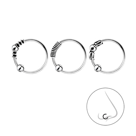 925 Sterling Silver Nose-Ear Bali Ball Closure Ring Set  - 3 Pack
