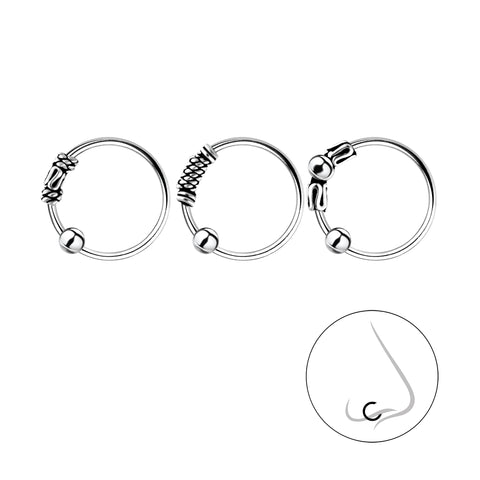 925 Sterling Silver Nose-Ear Bali Ball Closure Ring Set  - 3 Pack