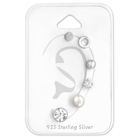 925 Sterling Silver Mixed Ear Studs Set with Cubic Zirconia Synthetic Pearl and Crystal on Card