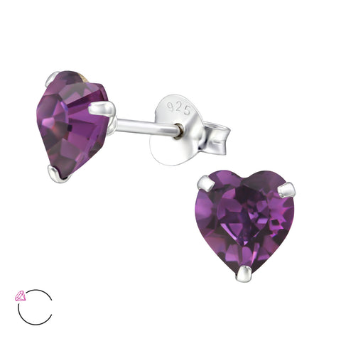 925 Sterling Silver Heart Ear Studs with Genuine European Crystals