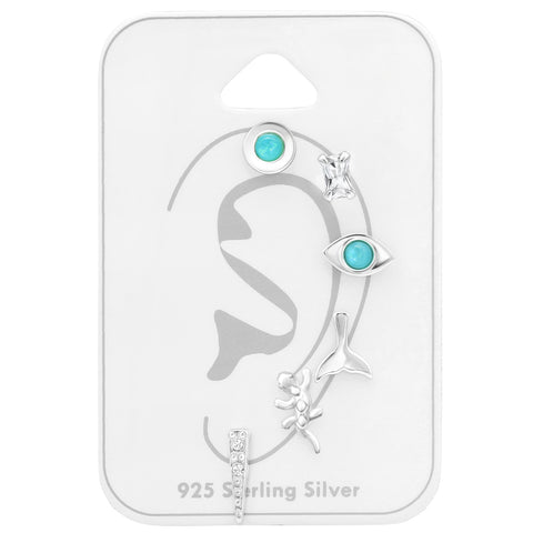 925 Sterling Silver Mix Ear Studs Set on Card with Cubic Zirconia, Crystal and Synthetic Opal