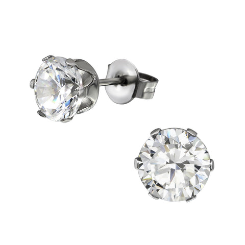 High Polish Surgical Steel Round Ear Studs with Cubic Zirconia