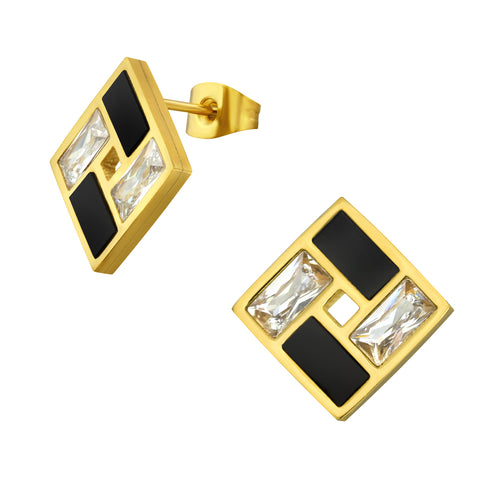Gold Surgical Steel Square Earrings Studs with Cubic Zirconia