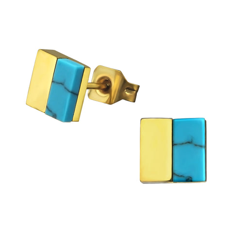 Gold Surgical Steel Square Earrings with Imitation Turquoise