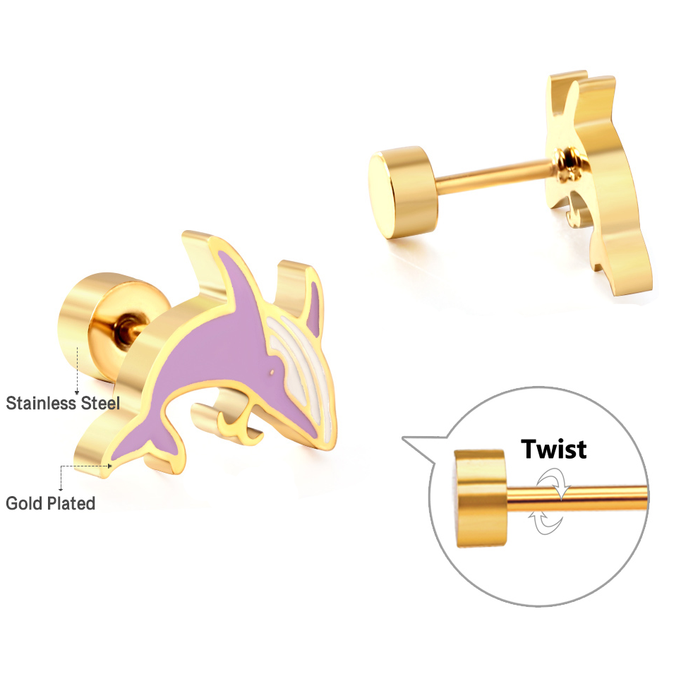 Gold-Plated Stainless Steel Dolphin Stud Earrings with Epoxy