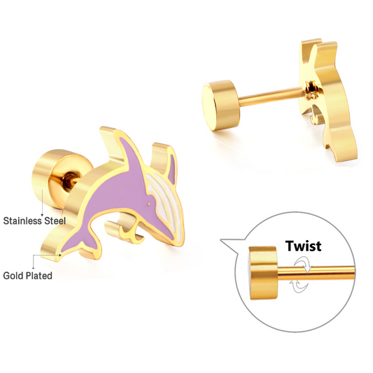 Gold-Plated Stainless Steel Dolphin Stud Earrings with Epoxy