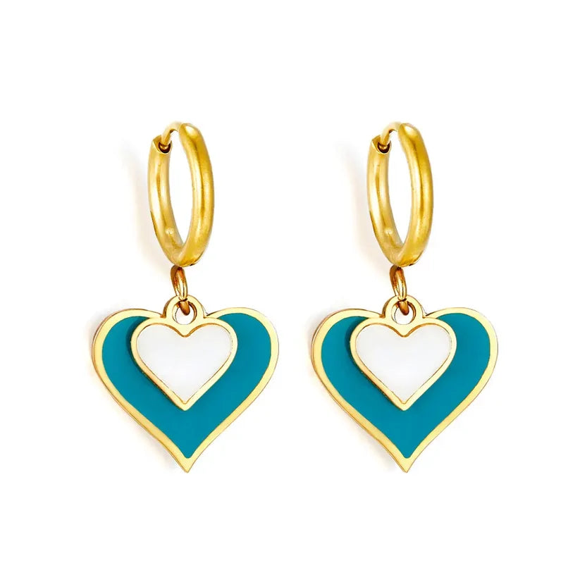 Gold-Plated Stainless Steel 2-size Hearts Hoop Earrings with Epoxy