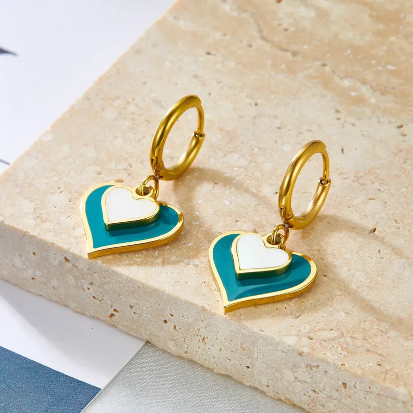 Gold-Plated Stainless Steel 2-size Hearts Hoop Earrings with Epoxy