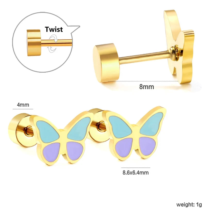 Gold-Plated Stainless Steel Butterfly Stud Earrings (Twist Back)