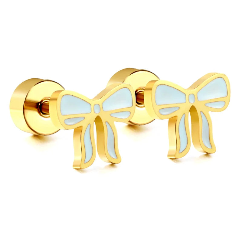 Gold-Plated Stainless Steel Blue Bow Stud Earrings (Twist Back)