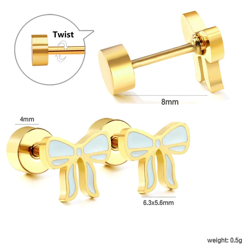 Gold-Plated Stainless Steel Blue Bow Stud Earrings (Twist Back)