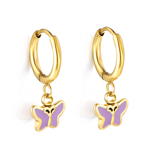 Gold-Plated Stainless Steel Butterfly Hoop Earrings with Epoxy