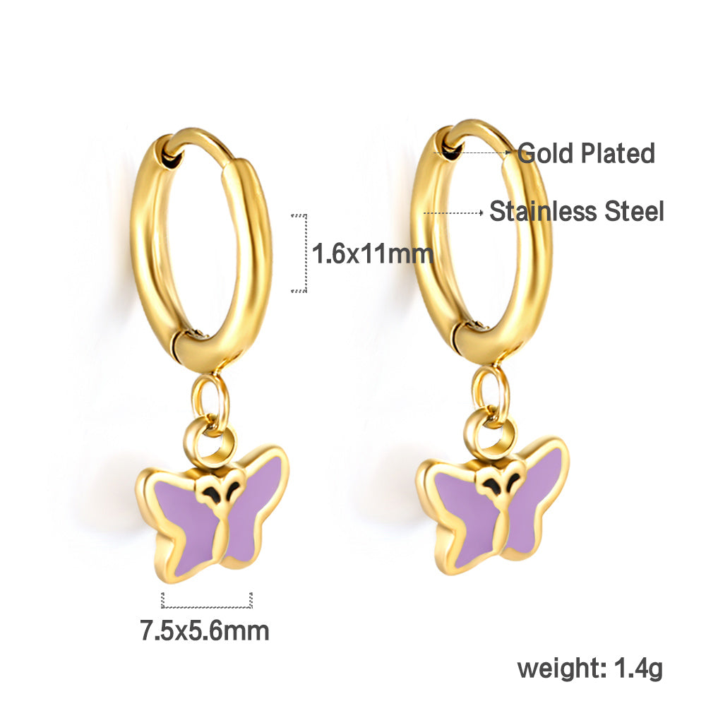 Gold-Plated Stainless Steel Butterfly Hoop Earrings with Epoxy