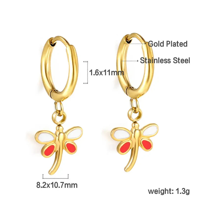Gold-Plated Stainless Steel Dragonfly Hoop Earrings